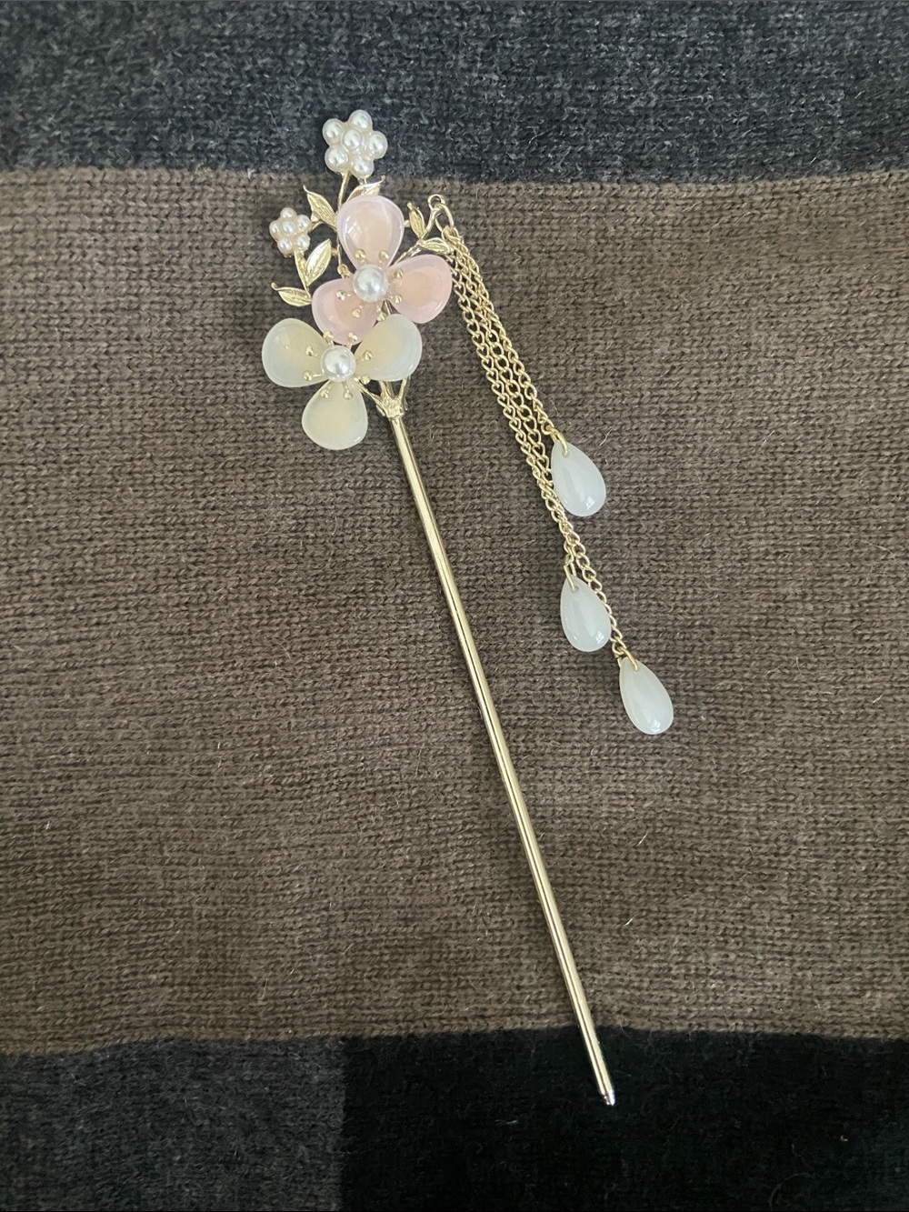 Y2k Gold Floral Hair Stick with Pearls, Opalite Dangle and Pink and Cream Petals - Picture 3 of 7